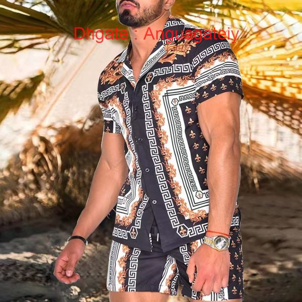 

summer casual men's shirts luxury men tracksuits hawaiian sets printing short sleeve button shirt fashion beach shorts tees streetwear, White;black