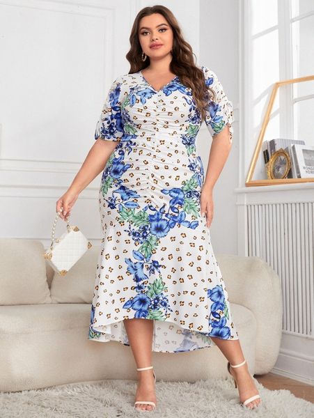 

plus floral & leopard print ruched mermaid hem dress i00o#, Black