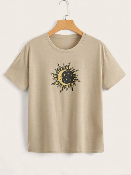 

sun & moon print drop shoulder tee w3wm#, White