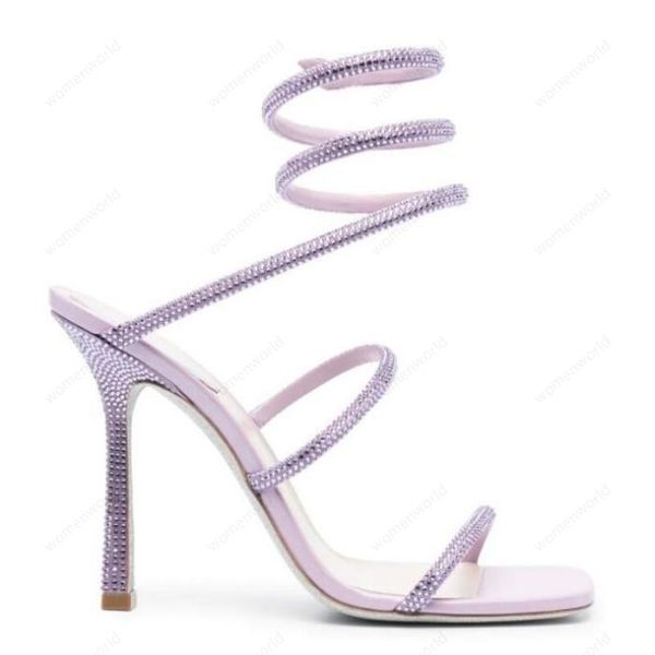 RENE CAOVILLA Sandali con tacco a spillo da 10 cm CRISTALLO Karung Sandali con strass intrecciati a forma di serpente viola estate donna Scarpe con tacchi spessi di alta qualità più grandi 43