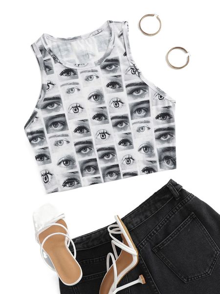 

plus allover eye print tank j21d#, Black