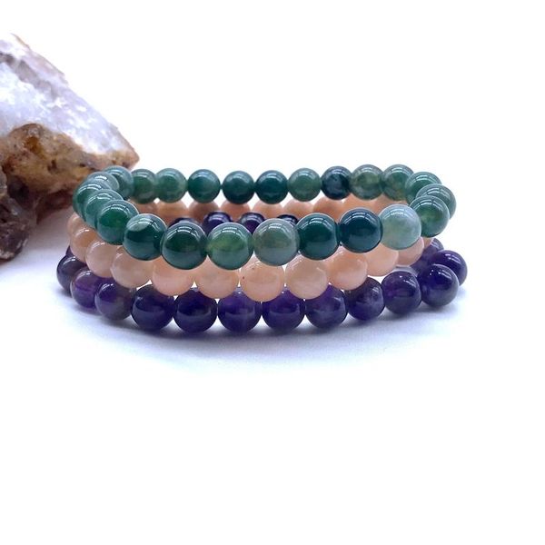 

beaded strands natural stone beads bracelet sets 8 mm round bead men women elastic bangle moss agates sun amethysts drop, Black