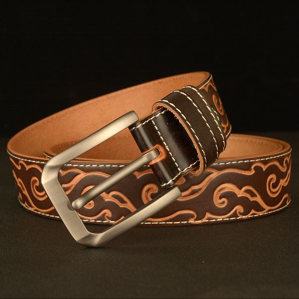 

classic men's leather belt retro pin buckle layer belt laser engraving trend fashion pants sports women men belts unadjustable 2022, Black;brown