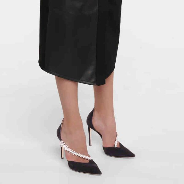 

slippers autumn pointed high-heeled shoes crystal chain diamond buckle decorated suede women's, Black