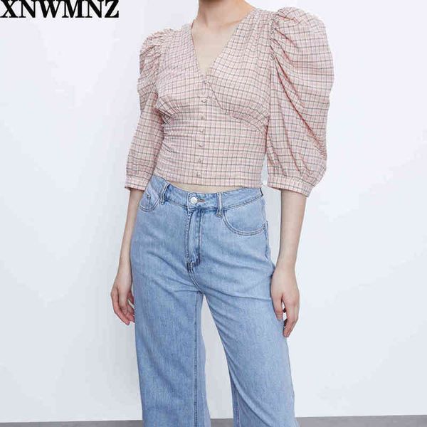 

xnwmnz fashion za women stylish plaid blouse puff sleeve v neck female casual vintage shirts summer short style chic blusas 210513, White