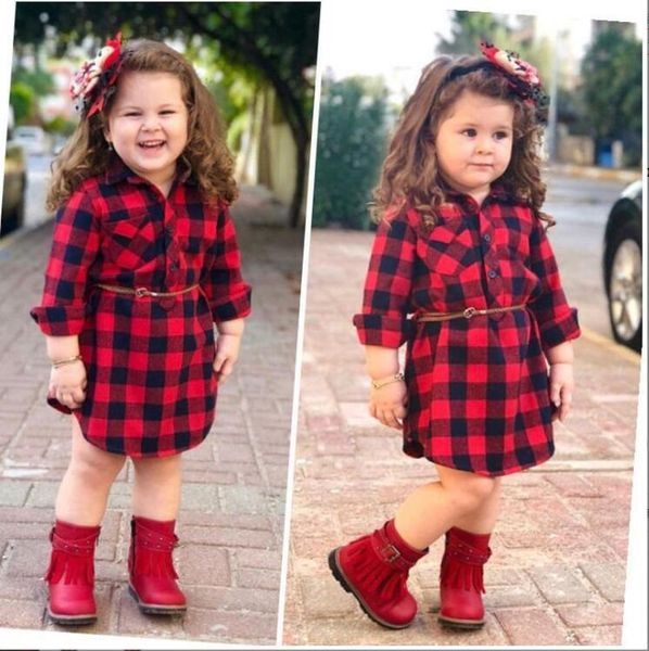 

2022 new children with girls long-sleeved red tartan dress belt, Blue