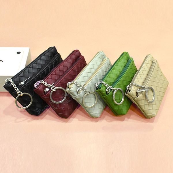 

small zipper woven pattern coin purse with keychain female simple all-match mini coin pouch earphone organizer, White