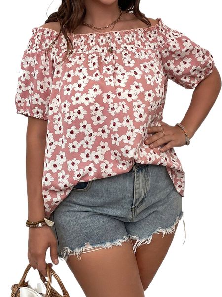 

plus allover floral print shirred off shoulder puff sleeve blouse h7m3#, Black