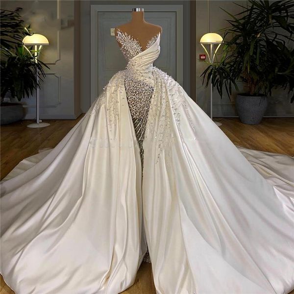 Major Pearls Lange Brautkleider, luxuriöse Brautkleider, sexy, schulterfreies, individuelles Brautkleid, transparenter, abnehmbarer Überrock mit Perlen