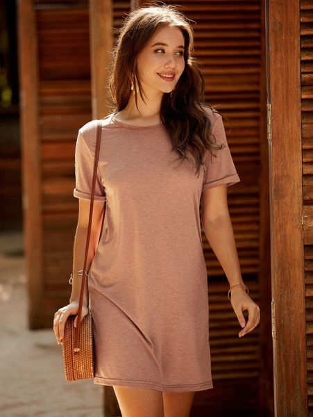 

solid roll up sleeve tee dress y8p3#, Black;gray