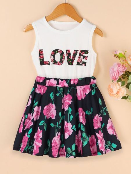 

toddler girls floral & letter graphic tank & skirt she, White
