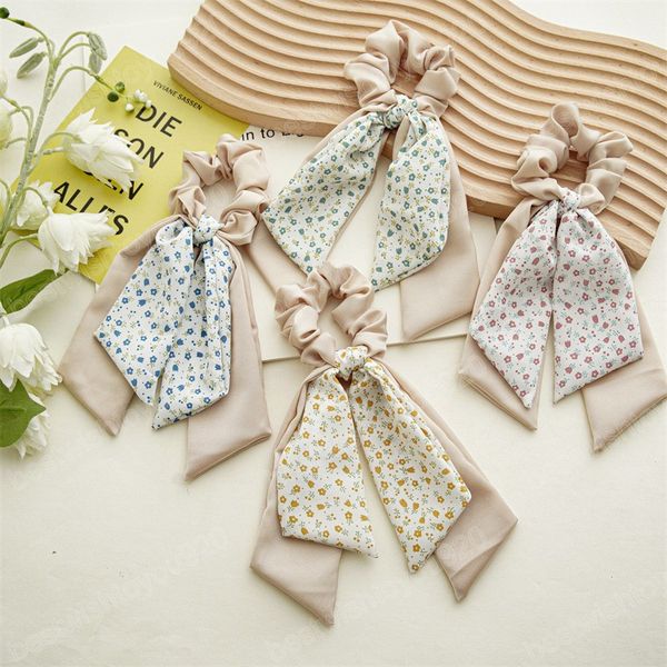 

floral print double bowknot ribbon hairbands handmade elastic rubber bands summer women ponytail holder fresh headwear hair accessories, Pink