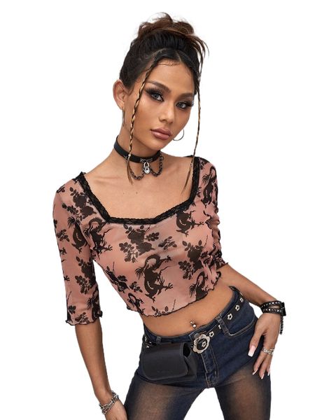 

floral & chinese dragon print lace trim crop mesh b5hc#, White
