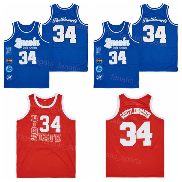 Männer High School 34 Jesus Shuttlesworth Basketball-Trikots Lincoln Big State Uniform Rot Blau Farbe HipHop Atmungsaktive Sport Hip Hop Reine Baumwolle Stickerei Hoch