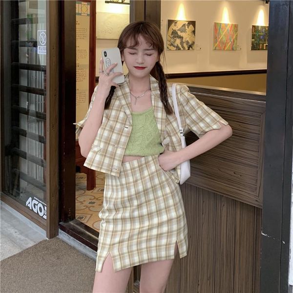 

two piece dress summer office women's plaid skirt sets casual two-piece set short sleeve blazer split female outfits, White