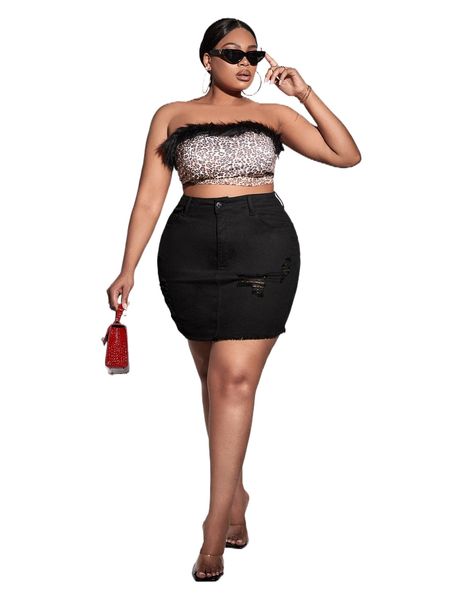 

plus high waist ripped raw cut denim skirt e2ao#, Black