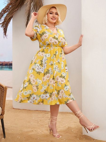 

plus floral print v neck dress 87r9#, Black