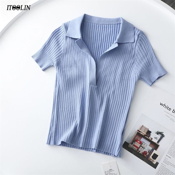 ITOOLIN Damen-Poloshirts, kurzärmeliges Strick-T-Shirt, einfarbig, geripptes Damen-Crop-Top mit V-Ausschnitt, solide, schmal geschnittene T-Shirts für den Sommer 220520