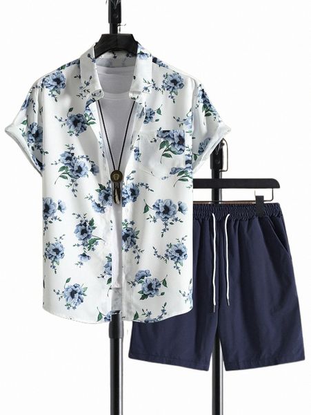

men floral print shirt & solid shorts without tee b2p0#, Gray