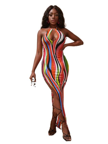 

sxy halter neck graphic print cut out split thigh dress p2cs#, Black;gray