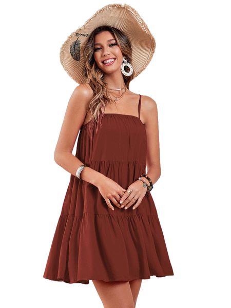 

solid ruffle hem cami dress h6a1#, Black;gray