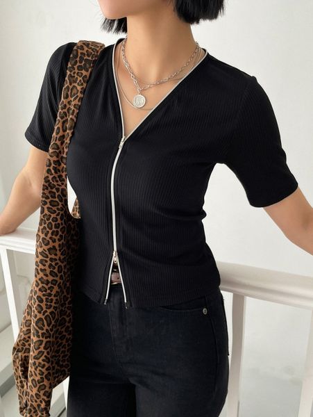 

dazy ribbed knit zip up tee v0c6#, White