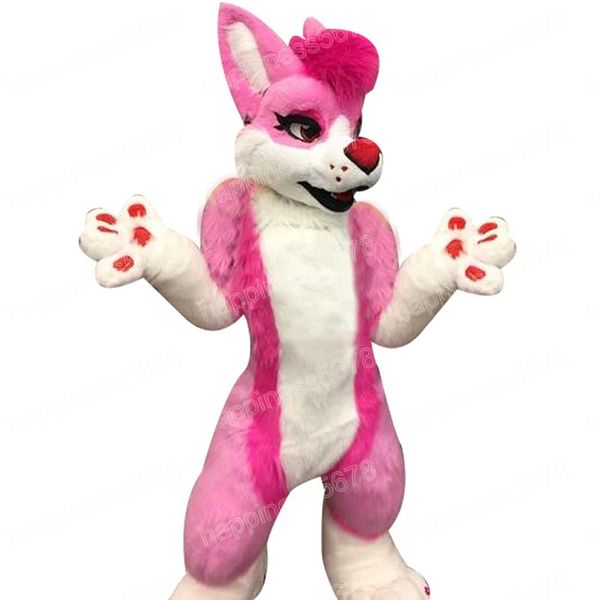 Leistung rosa langhaarige Husky-Hund-Maskottchen-Kostüme Halloween Weihnachten Zeichentrickfigur Outfits Anzug Werbung Karneval Unisex-Erwachsene-Outfit