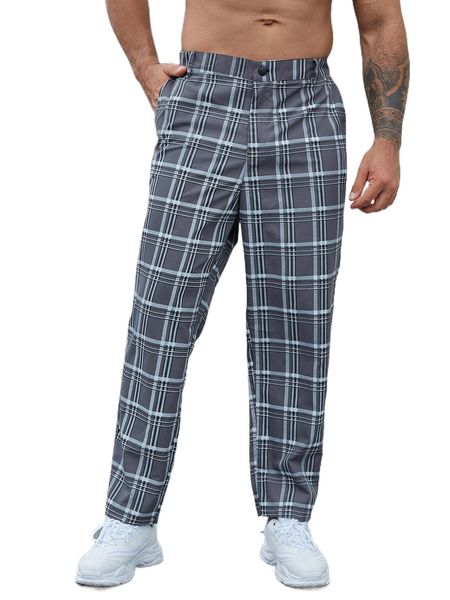 

extended sizes men plaid print slant pockets pants f5im#, Black