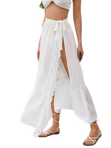 

knot side split thigh ruffle hem skirt z0pk#, Black