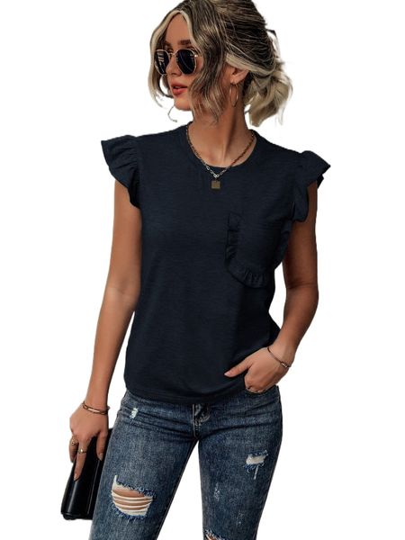 

ruffle trim pocket patched tee c6om#, White