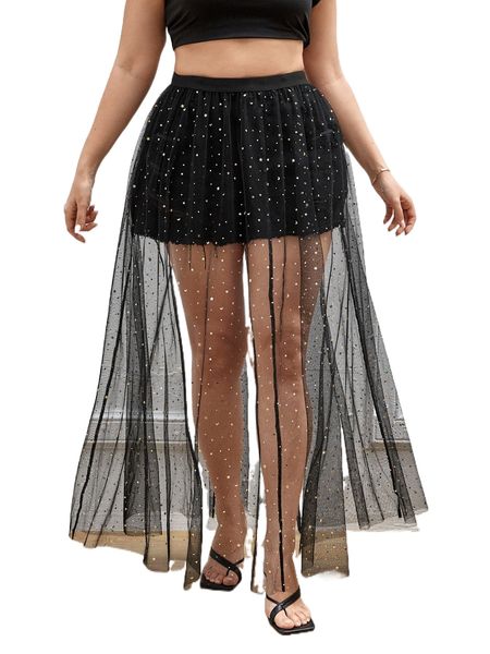 

plus galaxy mesh overlay sheer skirt 96tq#, Black