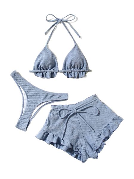 

3pack frill trim halter triangle bikini swimsuit & swim shorts h9up#, White;black
