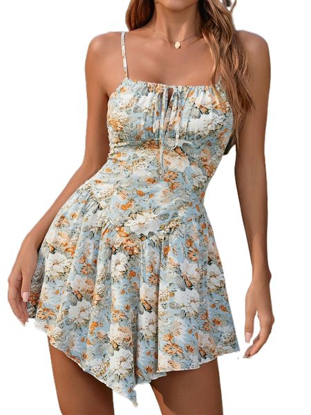 

floral print knot front ruched bust hanky hem cami dress a2ja#, Black;gray