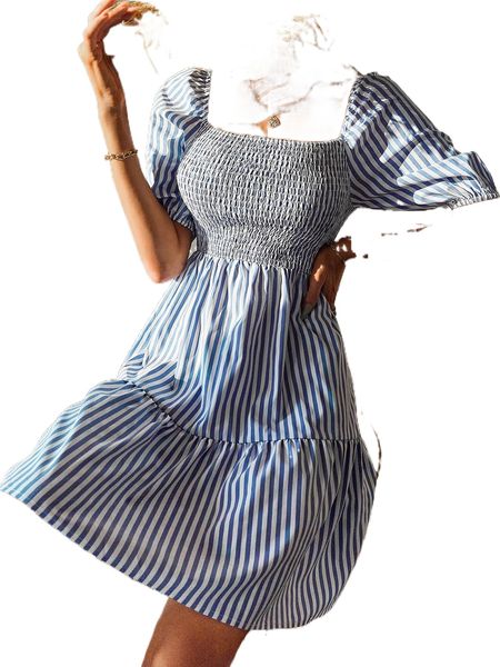 

striped print shirred ruffle hem dress c57e#, Black;gray