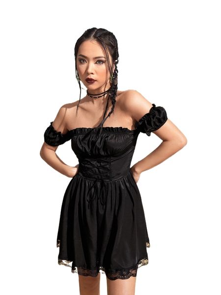 

romwe gothic grunge lace up off shoulder dress g0qa#, Black;gray
