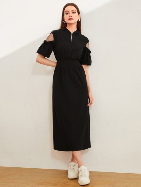 

contrast mesh split back hooded dress v32f#, Black;gray