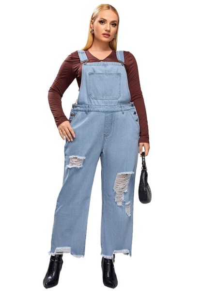 

plus ripped raw trim denim overalls without tee f1tm#, Black;white