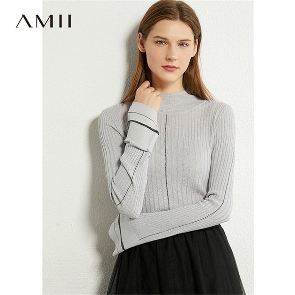 

amii minimalism autumn fashion women sweater causal solid stripe slim fit turtleneck sweater female pullover 12030382 201225, White;black