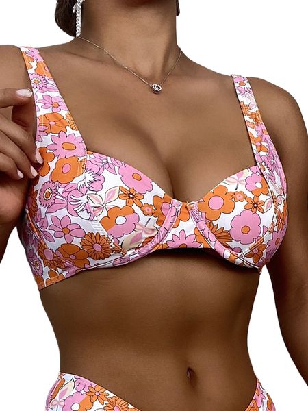 

floral print underwire bikini a7am#, White;black