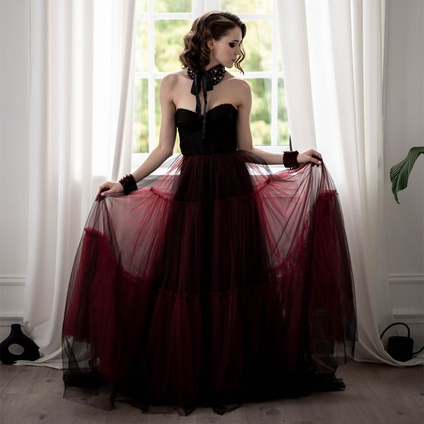 

gothic black and wine red a line wedding dress 2022 pleats sweetheart corset long tulle bridal gowns vintage floor length reception engagmen, White