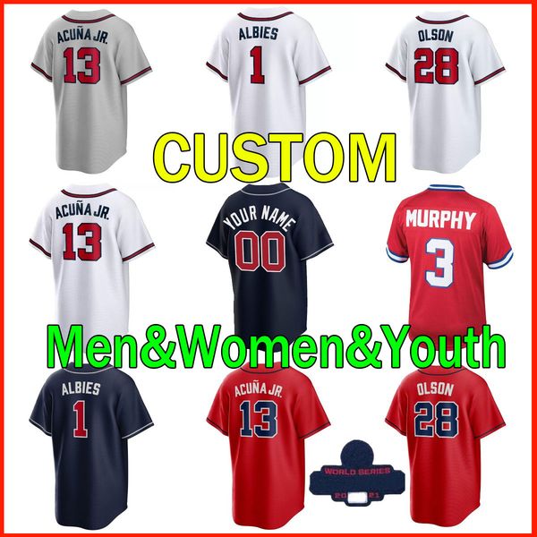 

2022 custom s-3xl 28 matt olson jersey freddie an dansby swanson 13 ronald acuna jr. ozzie albies mike soroka 10 jones baseball jerseys mens, Blue;black
