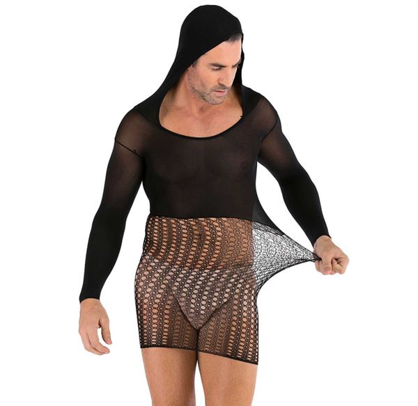 

men' fun underwear hooded large one-piece bag hip net dress, Red;black
