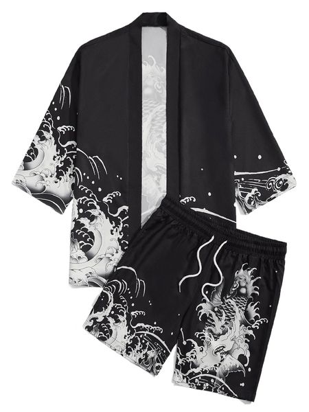 

men fish and wave print kimono and shorts set g671#, Gray