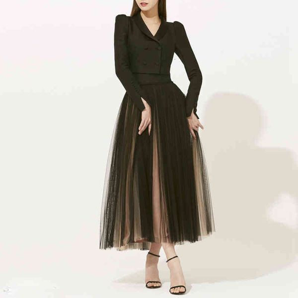 

two piece dress spring and summer fashion solid color double breasted green fruit collar multi-layer mesh pleated skirt slim women's su, White