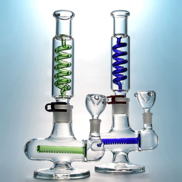 Bong di vetro Tubi d'acqua Perc in linea Narghilè congelabili 11 '' Alto 3 mm Bobina del condensatore Diffuso Downstem Oil Dab Rigs Giunto femmina da 14 mm con ciotola Costruisci un bong