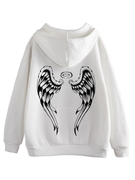

wings print kangaroo pocket drawstring thermal hoodie f64x#, Black