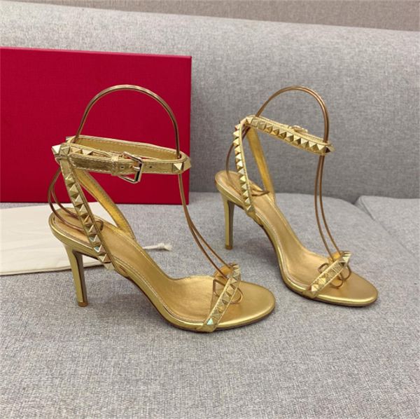 

summer new sandals stiletto women's shoes word buckle fashion catwalk high heels rivets, Black