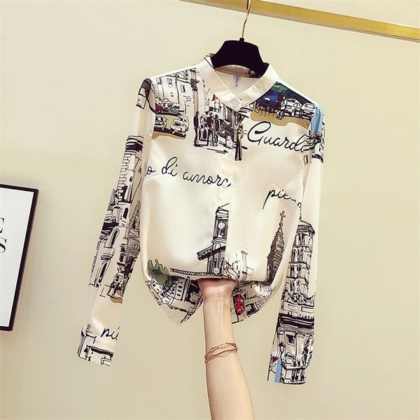 

vintage print shirt women long sleeve chiffon blouse autumn arrival modis 21302, White