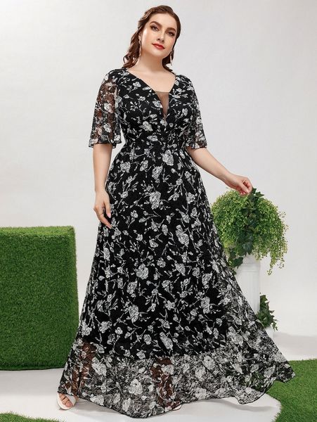

plus allover floral print mesh insert maxi lace dress a9c1#, Black