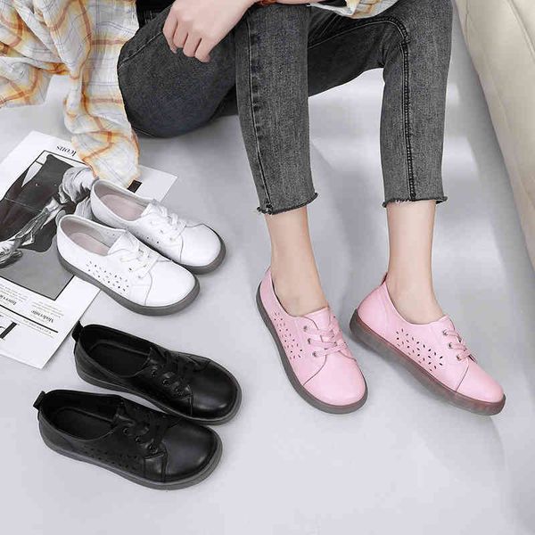 

dress shoes spring and summer cowhide soft sole women's shoes hollow small white flat single anti slip v4uv, Black